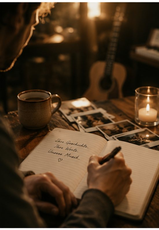 Handgeschriebene Notizen neben Polaroids und einer Kerze